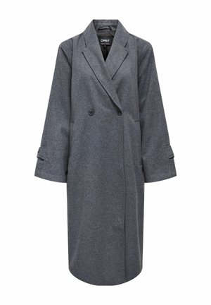 Hallist villasegu sjooniga mantel, millel on sakiline krae, kolmeveerandi varrukad ja küljetaskud. Nähtavad õmblus- ja nööbide detailid.