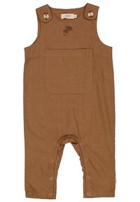 Braune Baumwoll-Latzhose mit verstellbaren Knopfträgern, Tasche auf der Vorderseite und Druckknopfverschlüssen an den Beinen. Mit Blatt- und Eichelstickerei.