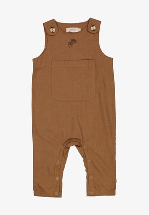 Braune Baumwoll-Latzhose mit verstellbaren Knopfträgern, Tasche auf der Vorderseite und Druckknopfverschlüssen an den Beinen. Mit Blatt- und Eichelstickerei.