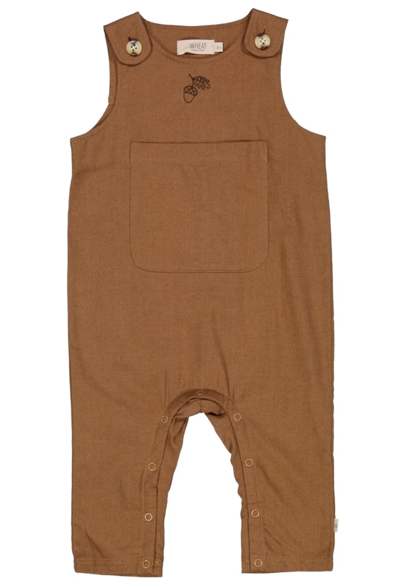 Braune Baumwoll-Latzhose mit verstellbaren Knopfträgern, Tasche auf der Vorderseite und Druckknopfverschlüssen an den Beinen. Mit Blatt- und Eichelstickerei.