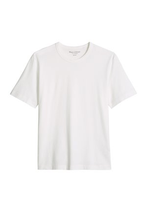 Schlichtes weißes T-Shirt mit Rundhalsausschnitt und kurzen Ärmeln in regulärer Passform, flach auf weißem Hintergrund dargestellt.