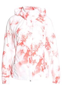 Veste blanche avec motif floral rose corail, capuche, fermeture éclair à l'avant et manches longues avec poignets élastiques.