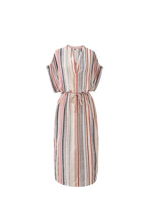 Gestreiftes Midikleid mit kurzen Ärmeln, V-Ausschnitt und geflochtenem Gürtel, mit vertikalen Streifen in Pink, Blau, Beige, Rot und Grau auf leichtem Stoff.