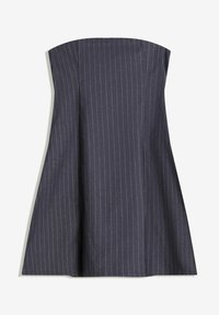 Strapless, knee-length dress in dark navy fabric with vertical pinstripes. Features a fitted bodice and flared hem. Smooth texture.