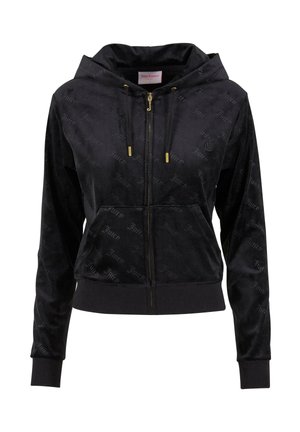 Hoodie zippé noir en velours doux. Présente un motif discret de logos "Juicy" sur l'ensemble, des poches avant et une fermeture éclair en métal doré.