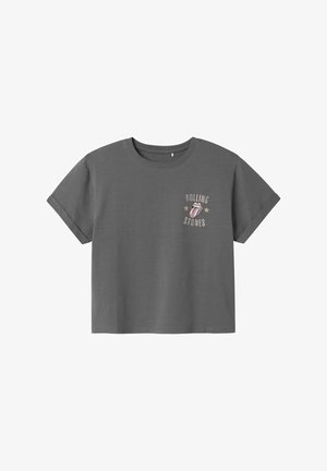 Gray cotton t-shirt with a crew neck, short sleeves, and a colorful Rolling Stones logo featuring a tongue graphic and stars.