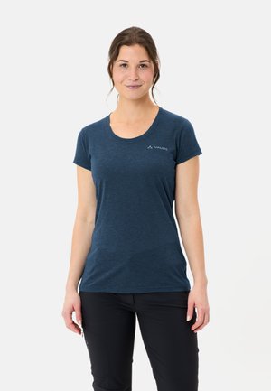 Dark blue short-sleeve t-shirt with a round neck and a subtle logo on the chest, made from a soft, textured fabric.