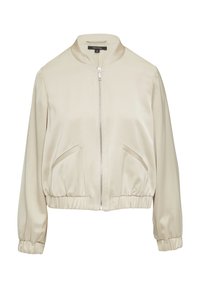 Beige Bomberjacke mit glattem Satin-Finish, Reißverschluss vorne, gerippten Bündchen und zwei Seitentaschen. Sie hat einen Stehkragen und ein verkürztes Design.