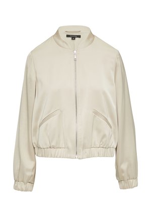 Beige Bomberjacke mit glattem Satin-Finish, Reißverschluss vorne, gerippten Bündchen und zwei Seitentaschen. Sie hat einen Stehkragen und ein verkürztes Design.
