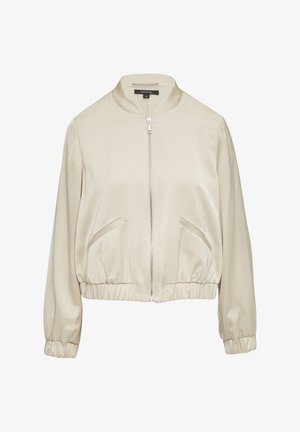 Beige bomberjack met een soepele, satijnen afwerking, ritssluiting aan de voorkant, ribgebreide manchetten en twee zijzakken. Heeft een opstaande kraag en een cropped ontwerp.