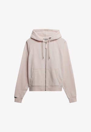Jasnoróżowa bluza z kapturem na zamek błyskawiczny, z troczkiem przy kapturze, przednimi kieszeniami i długimi rękawami, prezentowana na białym tle.