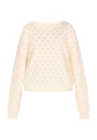 Krém színű, laza szabású pulóver, gyémánt mintával, kötött textúrával, széles, kerek nyakkivágással és hosszú ujjal.