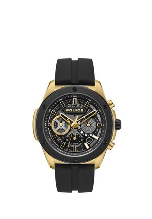 Reloj cronógrafo de la marca Police en negro y dorado, con correa de caucho negra, múltiples esferas auxiliares y marcadores e índices en tono dorado.