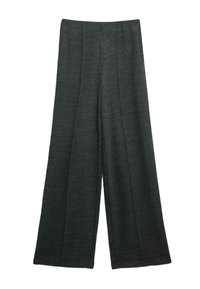 Spodnie szerokie w kolorze ciemnoszarym, wykonane z teksturowanej tkaniny, z przodu z fałdami i wysokim stanem. Zaprojektowane dla luźnego dopasowania.