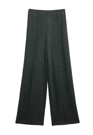 Wijduitlopende broek van donkergrijze stof, met een gestructureerde afwerking, voorplooien en een hoge tailleband. Ontworpen voor een relaxte pasvorm.