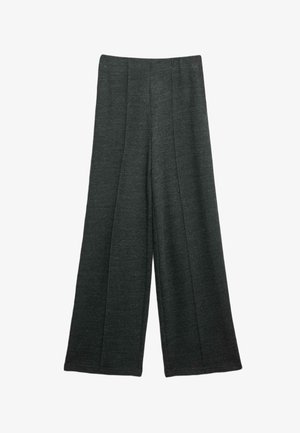 Pantaloni a gamba larga in tessuto grigio scuro, caratterizzati da una finitura testurizzata, pieghe frontali e una vita alta. Progettati per un fit rilassato.