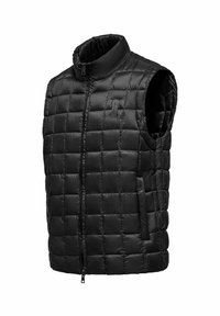 Gilet imbottito nero con colletto alto, design trapuntato, chiusura frontale con zip e tasche laterali, realizzato in materiale leggero e lucido.