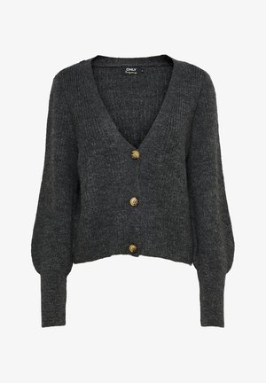 Dunkelgraue Strickjacke mit drei Holzknöpfen, langen ausgestellten Ärmeln und einem tiefen V-Ausschnitt.