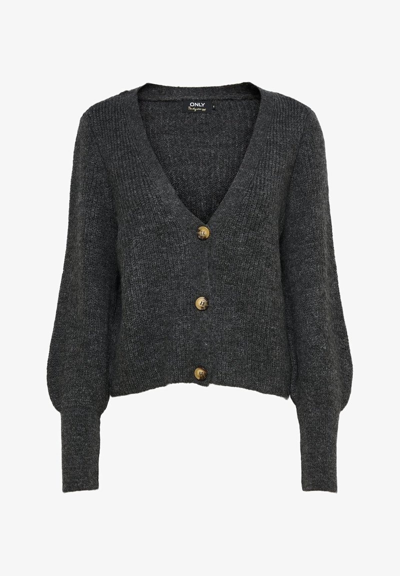 Cardigan en tricot gris foncé avec trois boutons en bois, manches longues bouffantes et col en V profond.