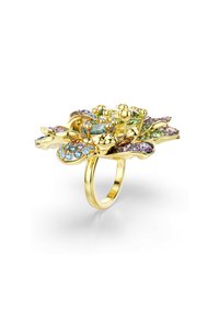 Anello a forma di fiore in oro con gemme multicolori, tra cui accenti blu, rosa, verde e giallo sui petali e dettagli del pistillo.