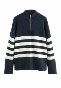 Pull-over en maille bleu marine avec col à demi-fermeture éclair. Présente de larges rayures blanches sur le corps ainsi que des poignets et un ourlet côtelés. Tissu texturé.