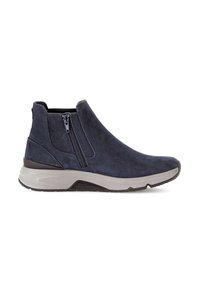 Stivali alla caviglia in suede blu navy con zip laterale, suola grigia a contrasto e punta tonda con una superficie superiore testurizzata.