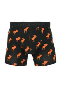 Black boxer briefs with orange moose silhouettes all over and a black waistband with "SWEDEMOUNT" printed in dark gray.
