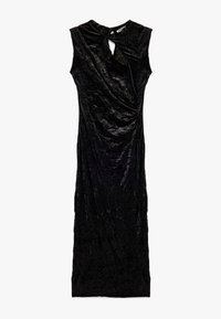 Sort ærmeløs kjole lavet af tekstureret stof, med en nøglehulåbning ved halsen og draperede detaljer overalt.