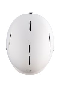 Valkoinen kypärä, jossa on sileä ja kiiltävä pinta, jossa on useita ilmanvaihtoaukkoja ja keskitetty säätöpyörä tukevan istuvuuden varmistamiseksi.