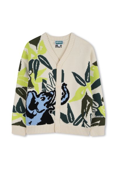 Cardigan tricoté crème avec des motifs de feuilles vertes et marines, présentant un dessin d'animal bleu, col en V et cinq boutons sur le devant.