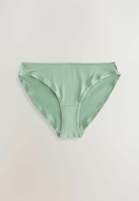 Bikini gaćice u mint zelenoj boji od pamuka, glatke teksture, s umjerenom pokrivenošću i ravnim elastičnim pojasom. Okoštrene ivice s diskretnim rebrastim rubom.