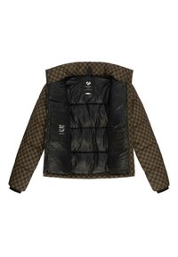 Pufferjack in bruin houndstooth patroon, met een zwart gewatteerd interieur en ritssluiting, ribgebreide manchetten en details van een binnenzak.