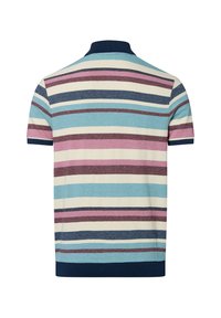 Polo w paski z mieszanką jasnoniebieskich, akwenowych, różowych, kremowych i burgundowych pasków. Krótkie rękawy i granatowy kołnierzyk. Miękka faktura.