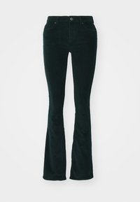 Jean évasé en velours côtelé vert avec une surface texturée, poches avant, fermeture par bouton et coupe ajustée au niveau des hanches.