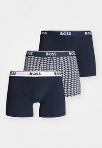 Three pairs of navy boxer briefs with elastic waistband. Two solid, one patterned with white abstract lines. All feature "BOSS" branding.