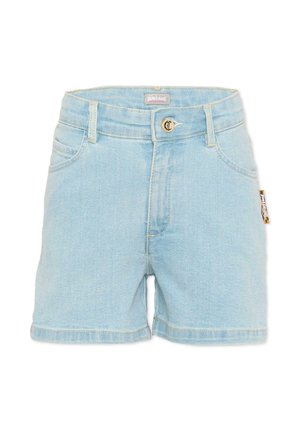 Jasnoniebieskie, dżinsowe szorty z wysokim stanem, przednimi kieszeniami, szlufkami na pasek, zapięciem na guziki i małą metką z logo po prawej stronie.
