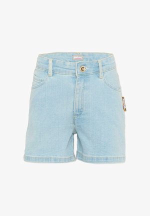 Lichtblauwe high-waist denimshorts met voorzakken, riemlussen, knoopsluiting en een klein logolabel aan de rechterkant.