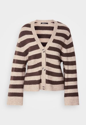 Cardigan riscado em castanho e bege com gola em V, mangas longas, fecho de botão e punhos e barra canelados. Material em malha suave.