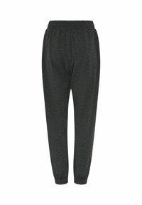 Dunkelgraue Sweatpants mit elastischem Bund und Bündchen am Knöchel sowie seitlichen Taschen, von vorne auf weißem Hintergrund dargestellt.
