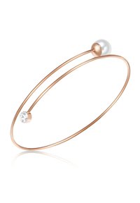 Zlati bangle zapestnica iz rožnatega zlata z gladkim biserom in enim prozornim kamenčkom kot poudarkom, z minimalističnim okrog العقيم.