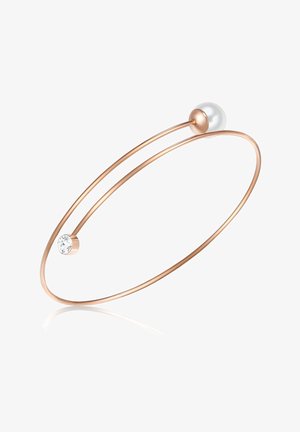 Bracciale rigido in oro rosa con una perla liscia e un accento di una singola pietra chiara, dal design rotondo minimalista.