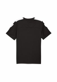 Schwarzes Sporthemd mit kurzen Ärmeln und weißen Akzenten an den Schultern, das ein einfaches, zeitgemäßes Design von der Rückansicht zeigt.