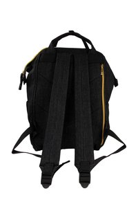 Black fabric backpack with quilted design, adjustable straps, a front yellow zip pocket, and side pocket. Features two top handles for carrying.