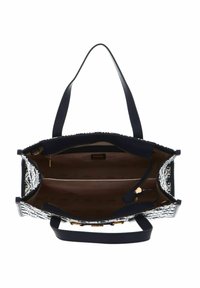 Granatowa torebka z wzorzystą tkaniną na zewnątrz i gładkimi skórzanymi uchwytami. Posiada zamek błyskawiczny, przestronną wnętrze z przegródkami oraz złote okucia.
