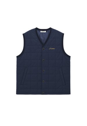 Ung person iført en vinrød strikket hue, marineblå quiltet vest med knapper, cremefarvet langærmet top og blå jeans med hånd i lommen.