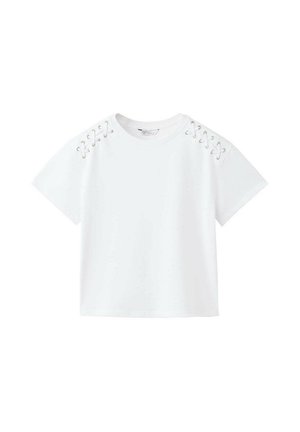 Wit T-shirt met korte mouwen, ronde hals en veterdetails langs beide schoudernaden.