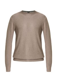 Beige Strickpullover mit langen Ärmeln, rundem Ausschnitt, strukturiertem Stoff und geripptem Saum. Schlichtes Design ohne zusätzliche Muster oder Akzente.