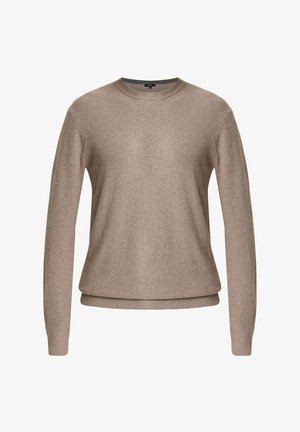 Beige gebreide trui met lange mouwen, ronde hals, gestructureerde stof en geribbelde onderkant. Eenvoudig ontwerp zonder extra patronen of accenten.