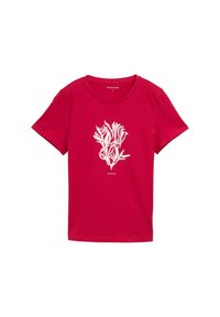 T-shirt en coton rouge avec un design graphique inspiré des coraux en blanc sur le devant, encolure ronde et manches courtes.