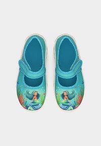 Παιδικά μπλε παπούτσια Mary Jane με σχέδια γοργόνας και υποβρύχιων φυτών, με ρυθμιζόμενους ιμάντες και λευκές σόλες.